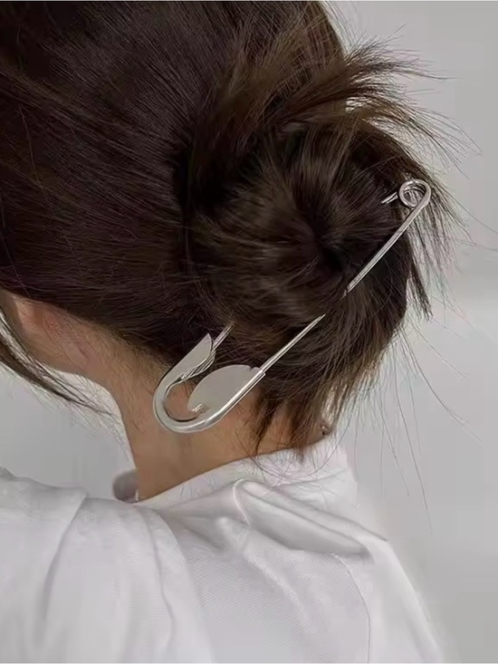 Accessories - Oversized Safety Pin Hair Clip Silver Tone Bun Hair Accessory Statement Barrette